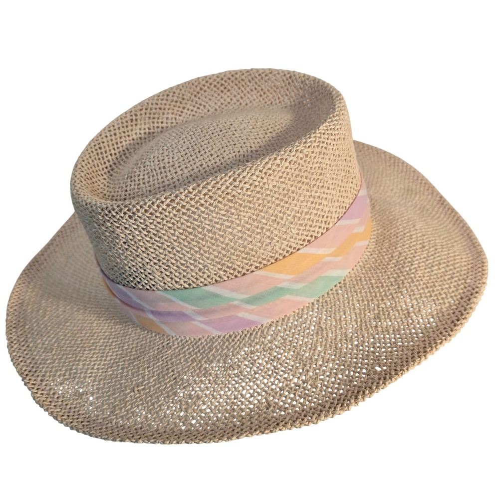 Woven Straw Sun Hat with Pastel Striped Ribbon Band Wide Brim Fedora Style - Picture 4 of 16